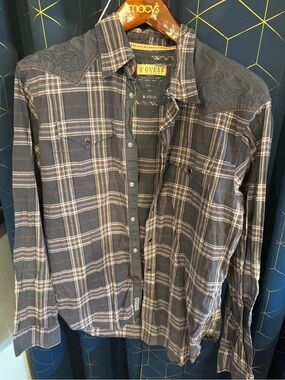 GUESS Men's Gray Plaid Button-Down Shirt with Brown and Cream Stripes
